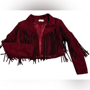 Women's Fringe Suede Jacket - Burgundy